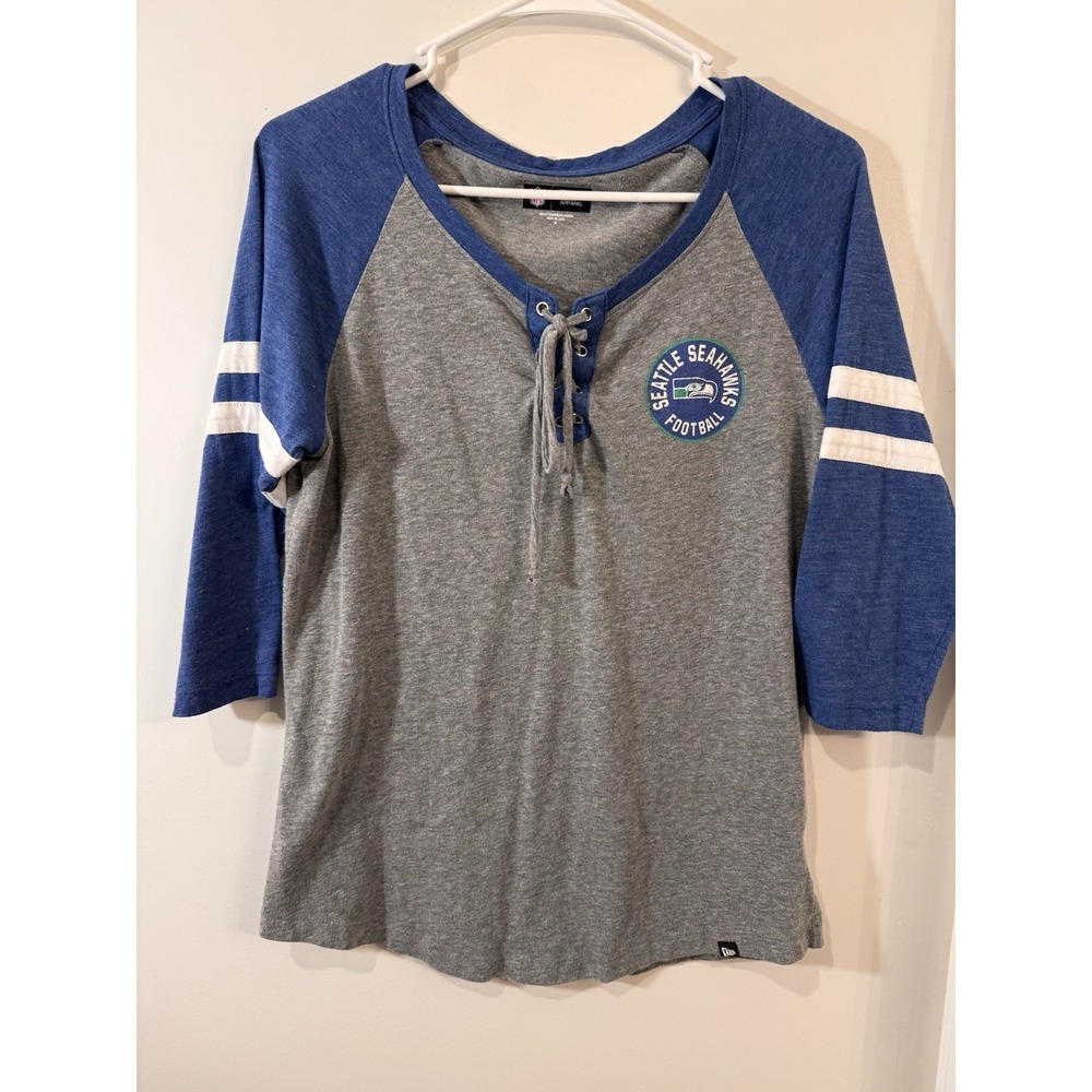 Seattle Seahawk Womens Lace Up 3/4 Sleeve Shirt Size M Gray Blue NFL‎ Football